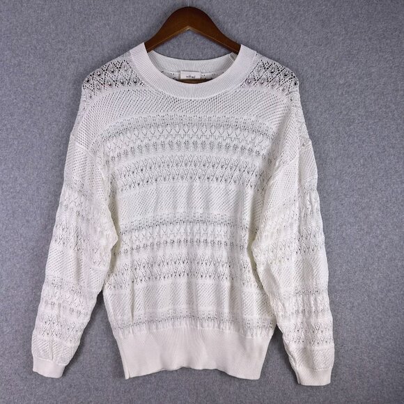 Aritzia Wilfred Sweater Women Medium White Open Knit Crewneck Stretch Minimalist - Picture 1 of 11